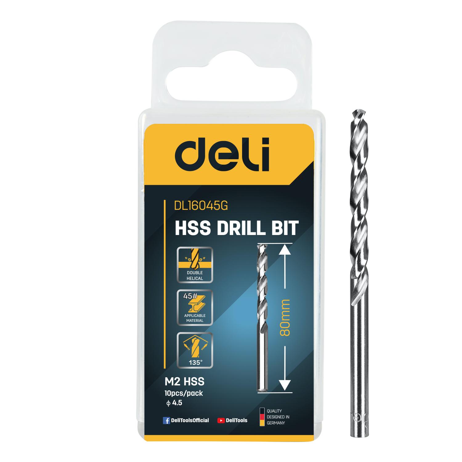 DELI Spiralna burgija HSS EDL16045G, Za metal, 4,5 mm, 10 komada