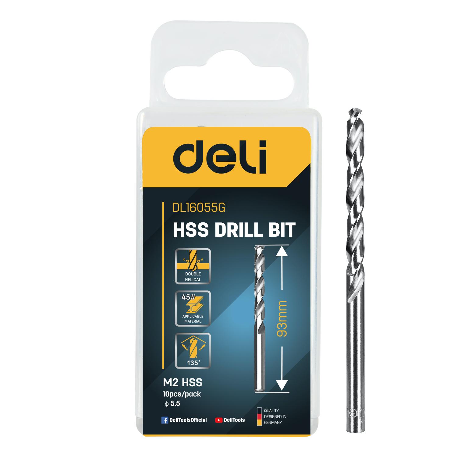 DELI Spiralna svrdla HSS EDL16055G, Za metal, 5,5 mm, 10 komada