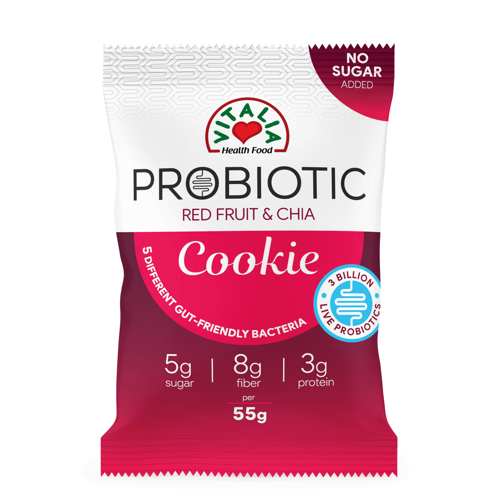 Vitalia probiotički kolačić, crveno voće i chia, preliven bijelom čokoladom, 55g