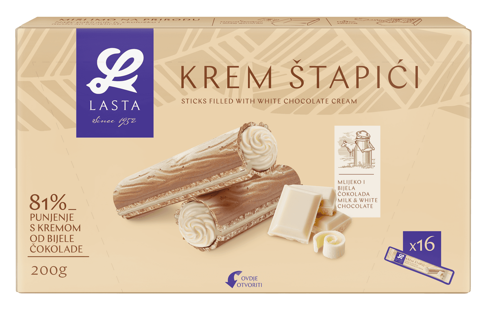 LASTA Kremasti štapići, bijela čokolada, 200g
