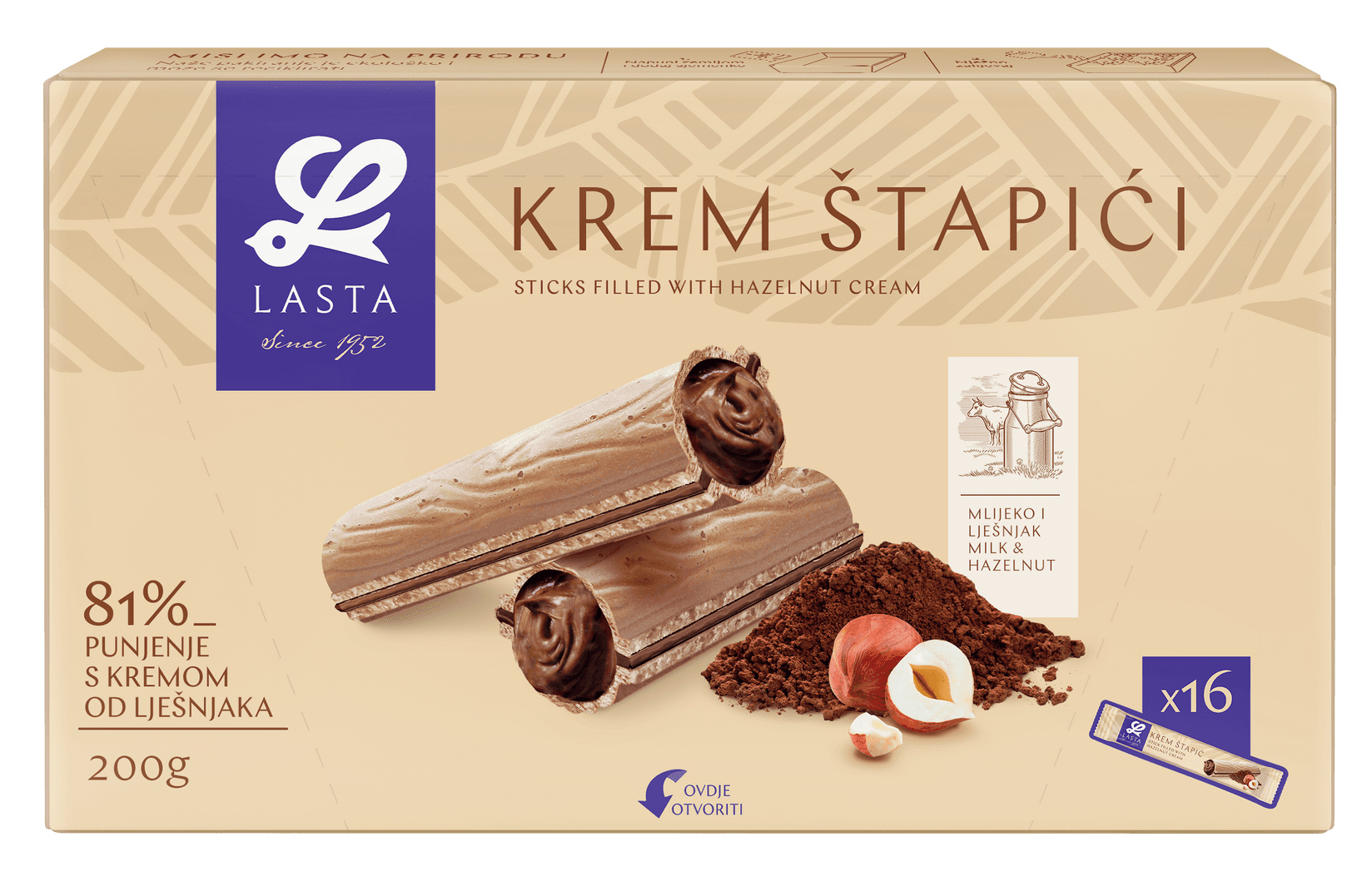 LASTA Kremasti štapići, lješnjak, 200g