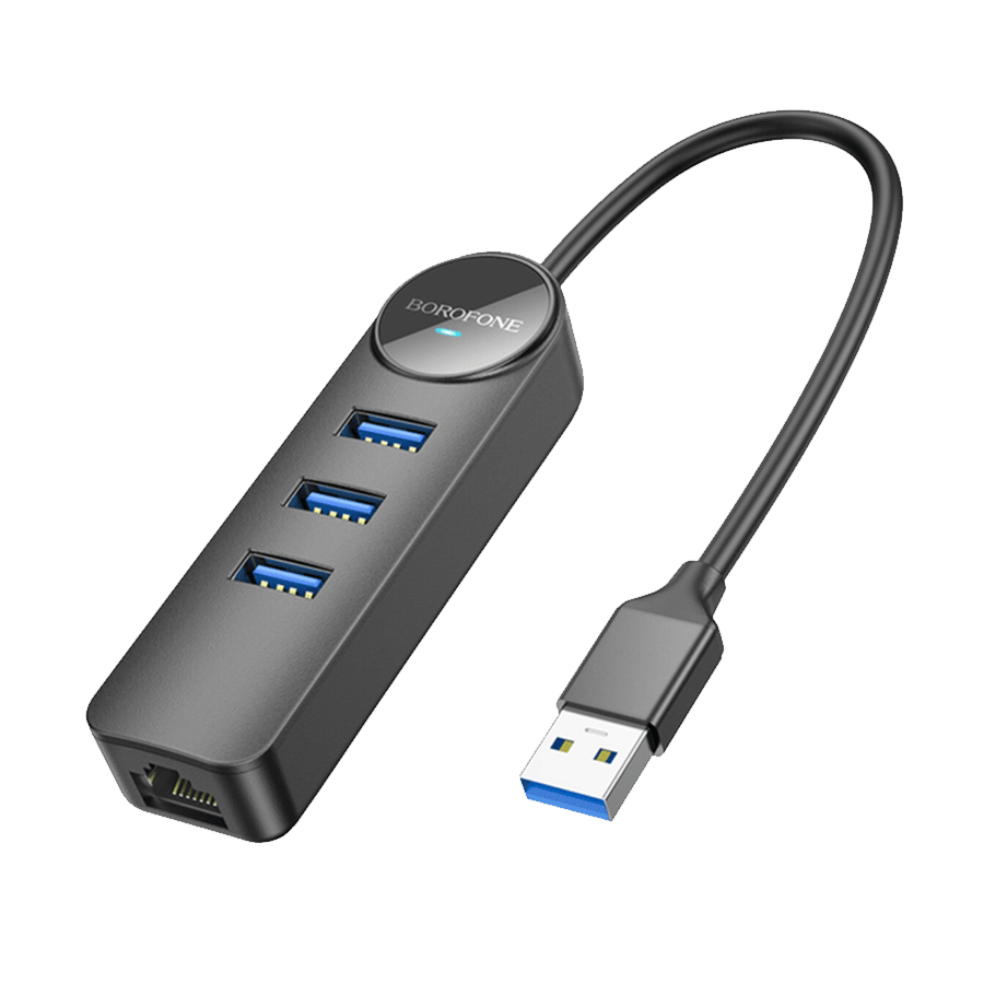 Borofone USB HUB + GLAN Ethernet Adapter DH6 Erudite 4-in-1, USB3.0x3 +RJ45 , Siva