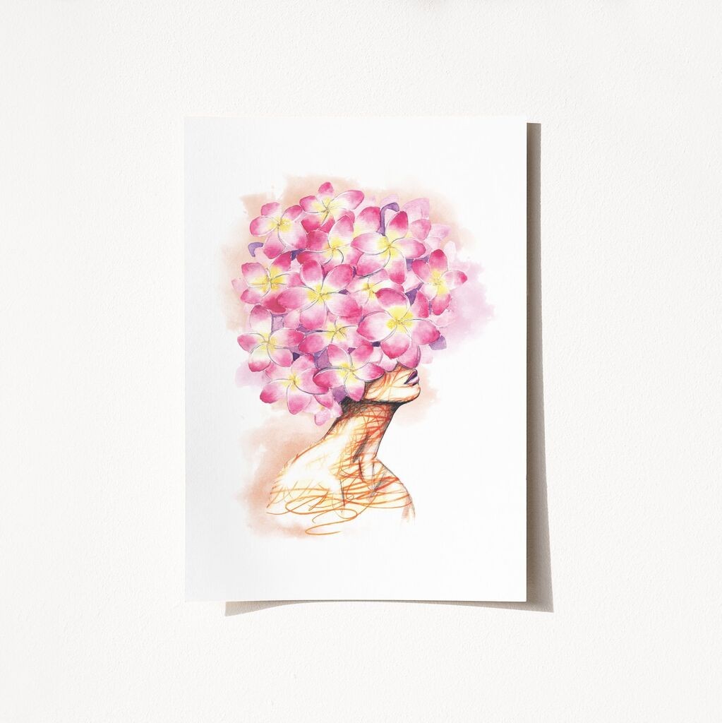 Wallity Poster Dama s ružičastom cvijetnom glavom-2097, 50x70 cm