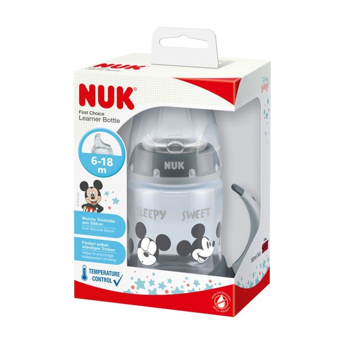 NUK Boca za učiti piti Mickey Mouse sa indikatorom temperature 150 ml, Siva