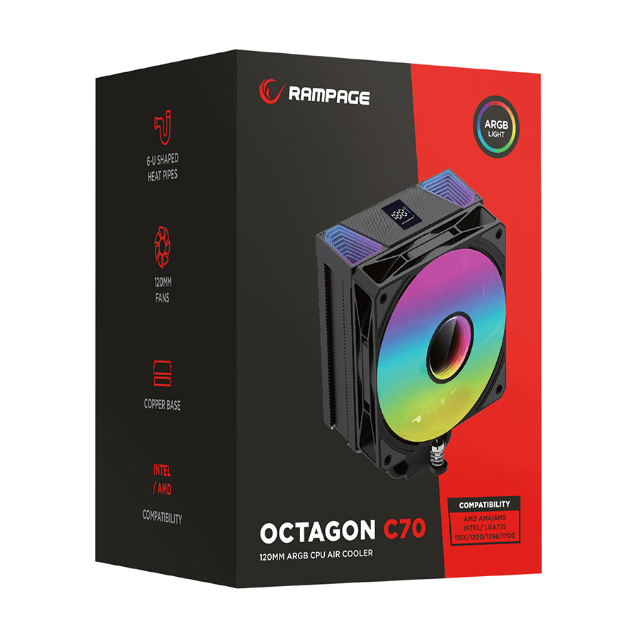 Rampage CPU hladnjak Octagon C70 41403, 63CFM, 12cm, ARGB, Temperature Display, AM5/LGA1700 Compatible Air Cooled CPU Fan