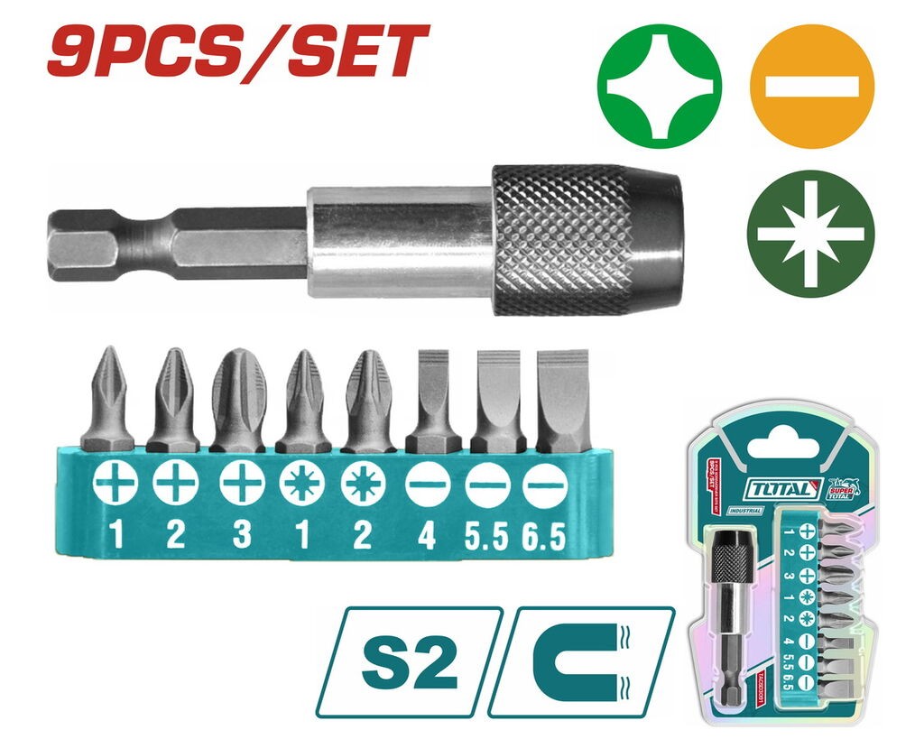 Total Tools Set bitova, 9 Komada, PH1, PH2, PH3, SL4.0, SL5.5, SL6.5, PZ1, PZ2