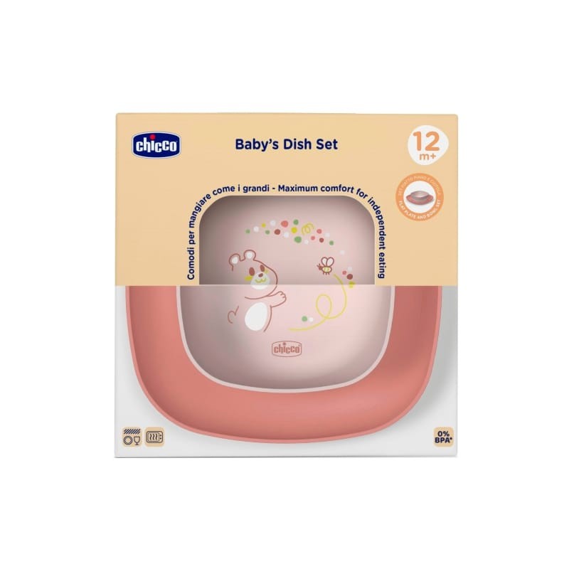 Chicco Set za jelo za bebe zdjela i tanjur, 12m+, Roze