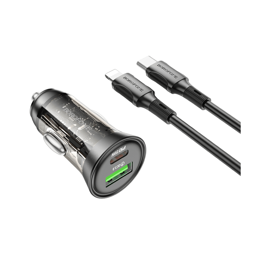 Borofone auto punjač BZ26A Type-C to iPhone PD43W USB + Type-C, 1m kabal, transparent black