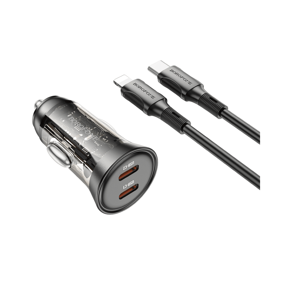 Borofone auto punjač BZ26B Type-C to iPhone PD45W 2x Type-C, 1m kabal, transparent black
