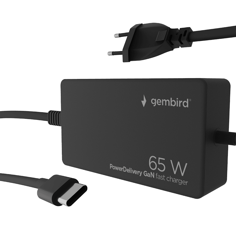 Gembird univerzalni AC adapter 65W PD GaN USB + Type-C, black