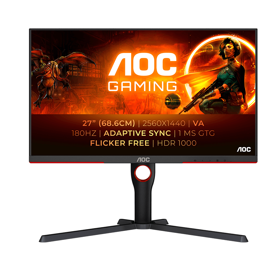AOC Monitor Gaming Q27G3XMN Mini LED 27" VA, 16:9, 2560x1440, 180Hz, 1ms, 1000 cd/m2, 4000:1, Audio,2x HDMI, DP, Full Ergonomic, Black-Red, VESA 3y