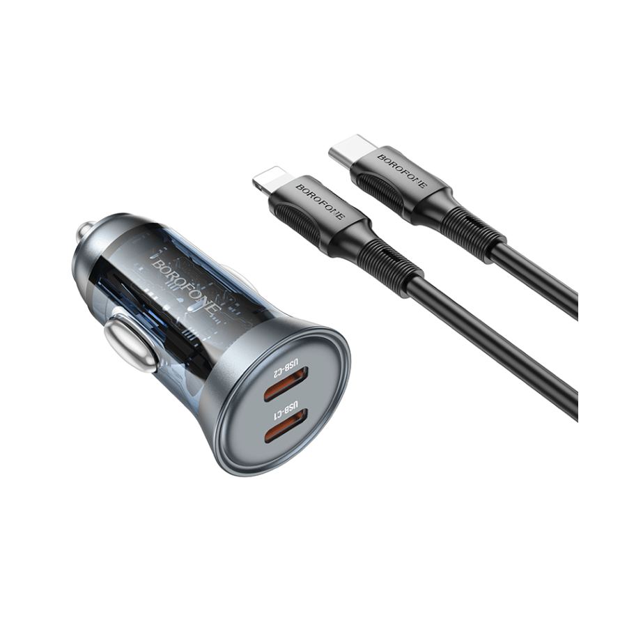 Borofone auto punjač BZ26B Type-C to iPhone PD45W 2x Type-C, 1m kabal, transparent blue