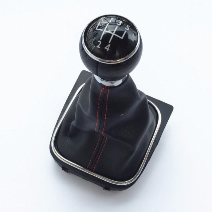 Ručka mjenjača sa 6 brzina sa kožom VW Golf V/VI 2003-2013, Hrom okvir, Crna