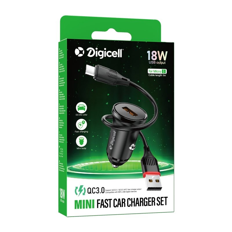 Digicell Auto punjač sa jednim portom QC3.0 set Mirco, Crni