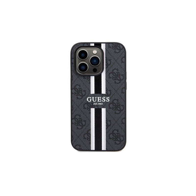 Guess Maska sa štampanim prugama MagSafe za iPhone 15, Crna