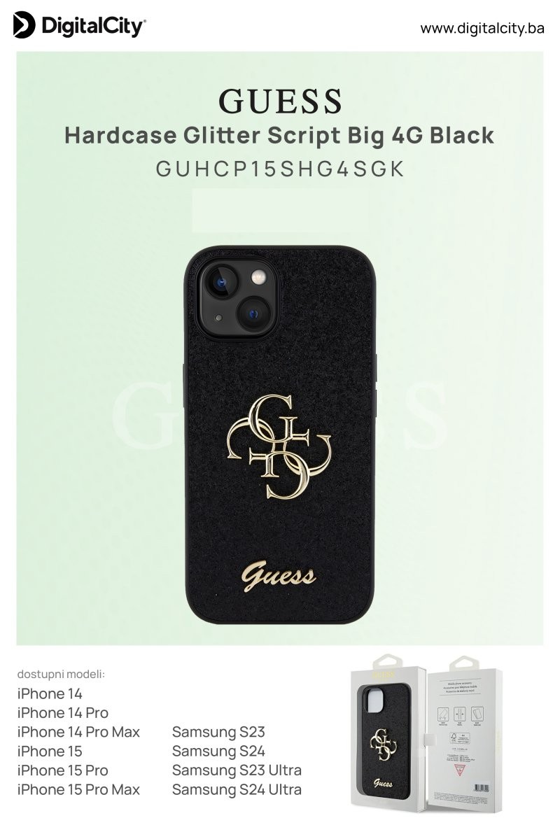 Guess Maska sa šljokicama za iPhone 14 Pro, Crna