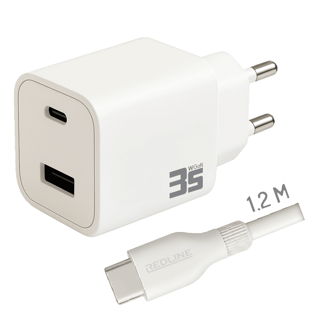 Redline Punjač sa USB-C kablom PQ351AC+CC1.2M60W, 1 x USB-A, 1 x USB-C, Brzi, 35W, Bijeli