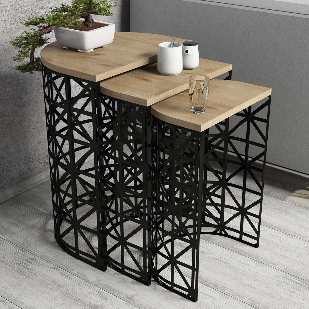 Hanah Home Set klub stolića Style Metal Porculan, 3 komada, Hrast
