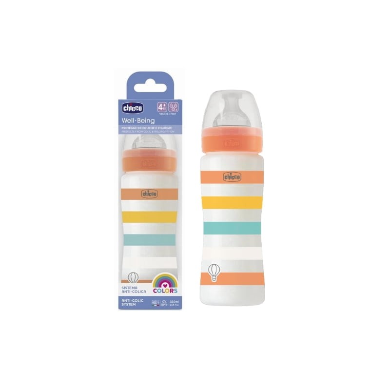 Chicco Flašica za bebe Well Being, 4m+, 330 ml, Šarena