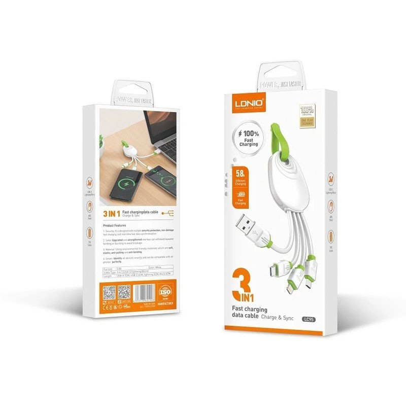 LDNIO USB kabl LC95, 3 in 1, 15cm