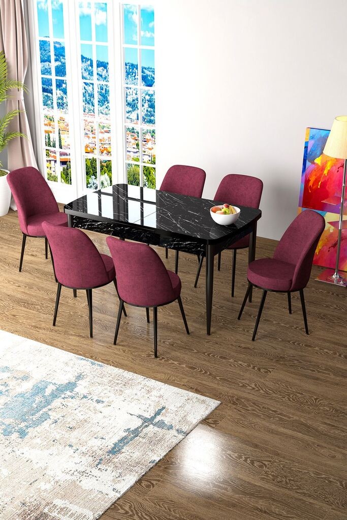 Hanah Home Set Trpezarijski sto i 6 stolica Zen, Bordo-crna