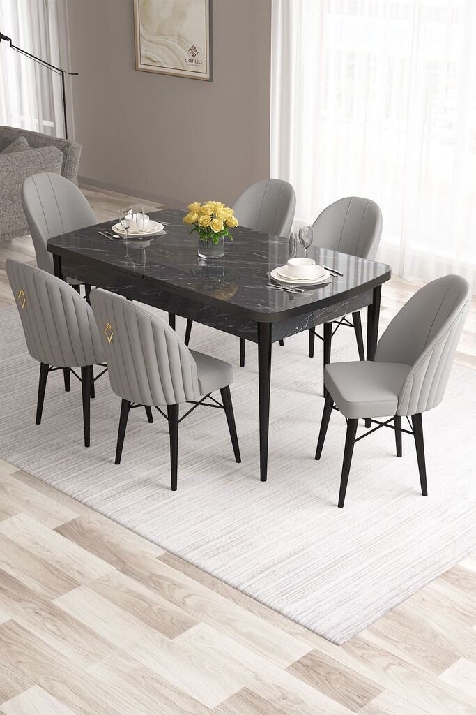 Hanah Home Set Trpezarijski sto i 6 stolica Roza, Sivo-crna