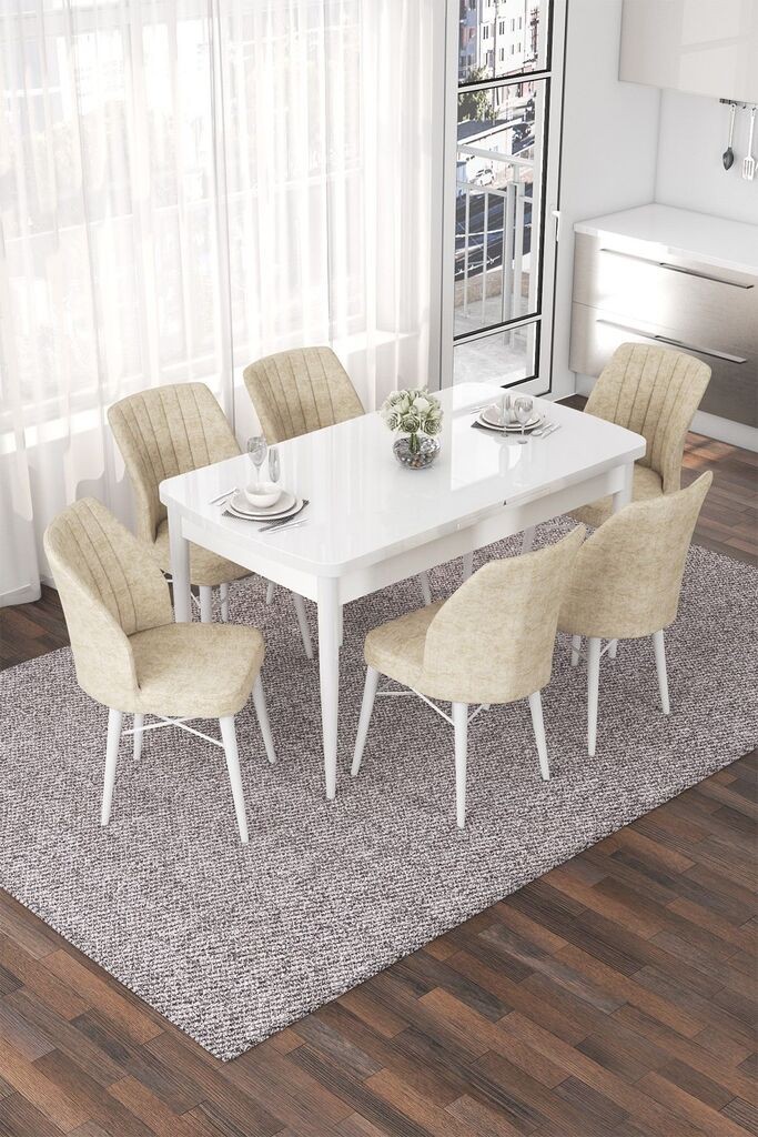 Hanah Home Set Trpezarijski sto i 6 stolica Nef, Krem-bijela