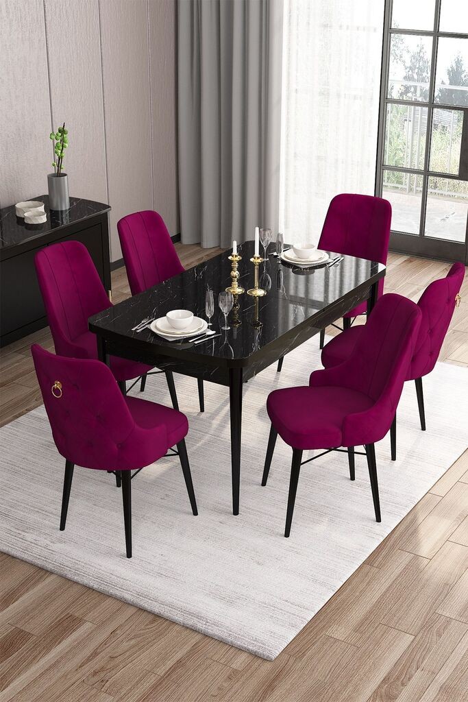 Hanah Home Set Trpezarijski sto i 6 stolica Are, Bordo-crna
