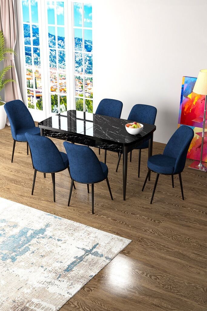 Hanah Home Set Trpezarijski sto i 6 stolica Zen, plavo-crna