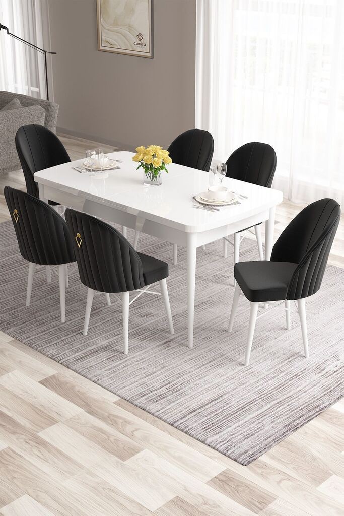 Hanah Home Set Trpezarijski sto i 6 stolica Roza, Crna i bijela