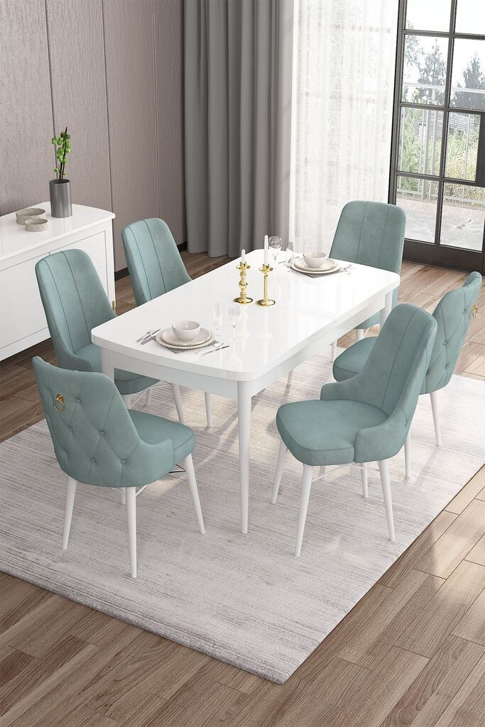 Hanah Home Set Trpezarijski sto i 6 stolica Are, zelena i bijela