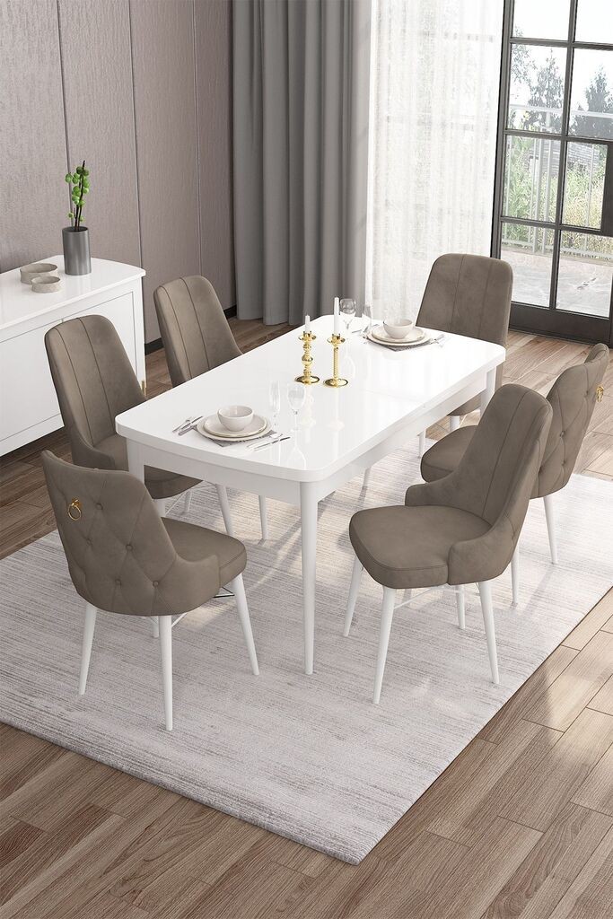 Hanah Home Set Trpezarijski sto i 6 stolica Are, bež-bijela