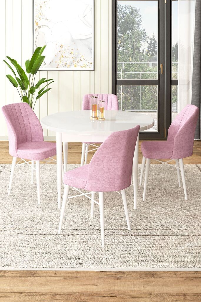 Hanah Home Set Trpezarijski sto i 4 stolice, Bijelo-roza
