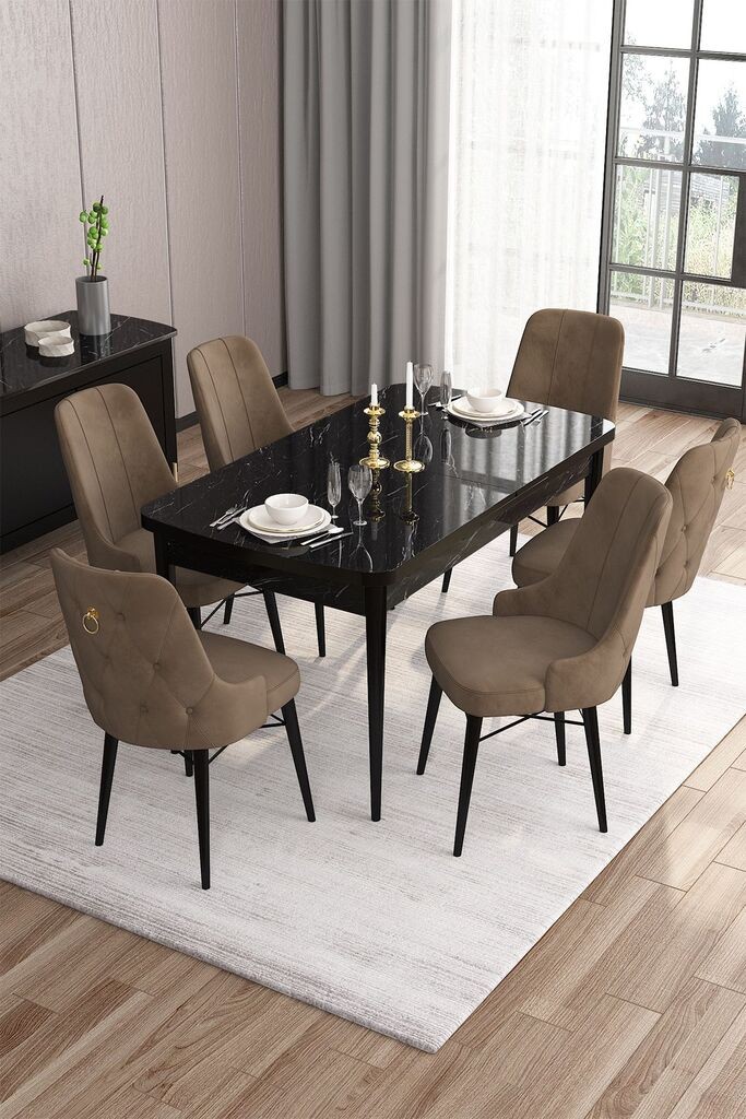 Hanah Home Set Trpezarijski sto i 6 stolica Are, smeđe-crne boje