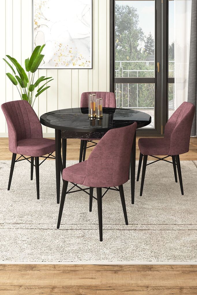 Hanah Home Set Trpezarijski sto i 4 stolice, Prljavo ružičasta