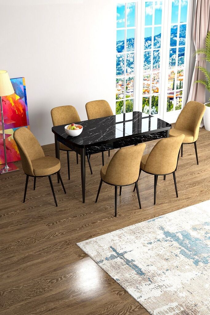 Hanah Home Set Trpezarijski sto i 6 stolica Han, oker-crna