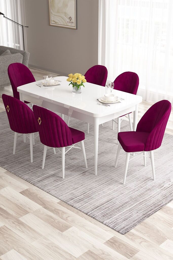 Hanah Home Set Trpezarijski sto i 6 stolica Roza, Bordo-bijela