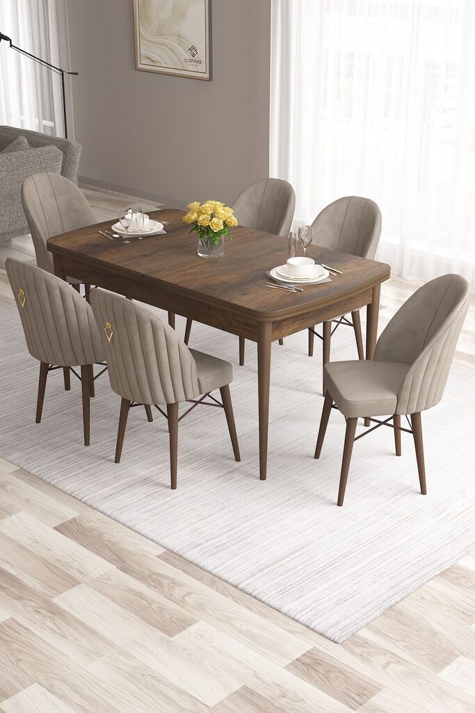 Hanah Home Set Trpezarijski sto i 6 stolica Roza, Bež-smeđa