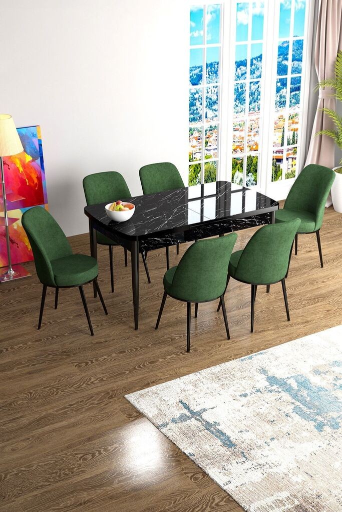 Hanah Kućni set Trpezarijski sto i 6 stolica Han, zeleno-crna