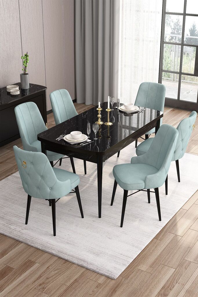 Hanah Home Set Trpezarijski sto i 6 stolica Are, zeleno-crna