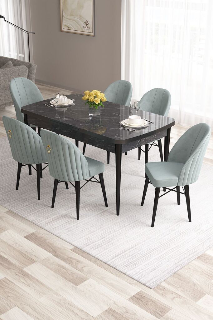 Hanah Home Set Trpezarijski sto i 6 stolica Roza, Zeleno-crna