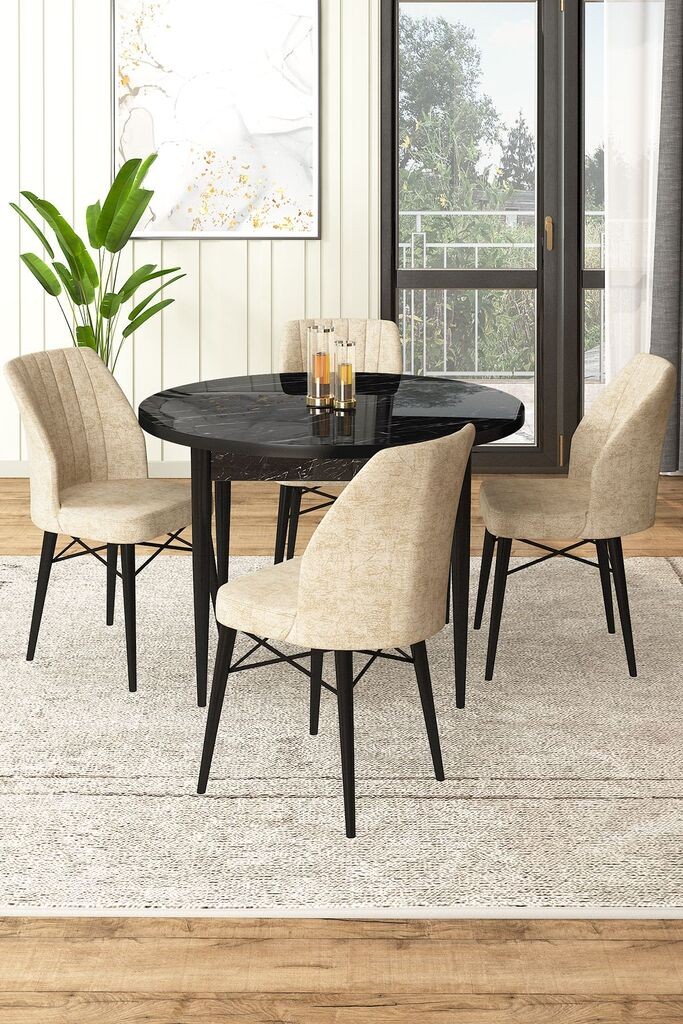 Hanah Home Set Trpezarijski sto i 4 stolice, bež-crna