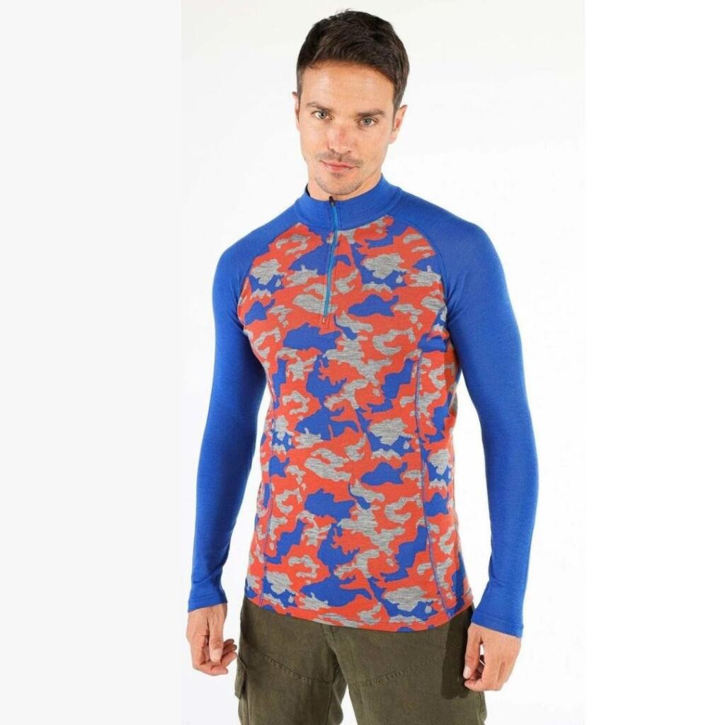 Woolona muška majica dugih rukava Asker, patentni zatvarač do 1/4, plavo-narandžasta