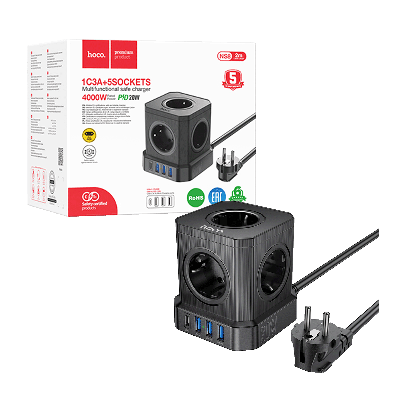 HOCO. Produžni kabl, 5 utičnica, 3x USB, 1x USB C, PD20W, 2m, Crni