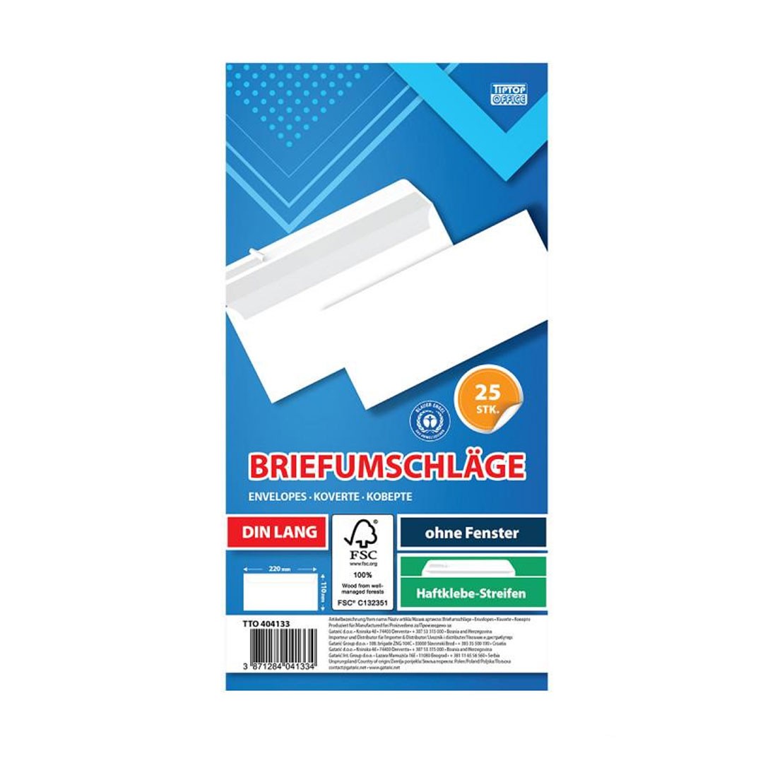 Tip Top Office Koverta strip Amerikan bez prozora, 25 komada, Bijela