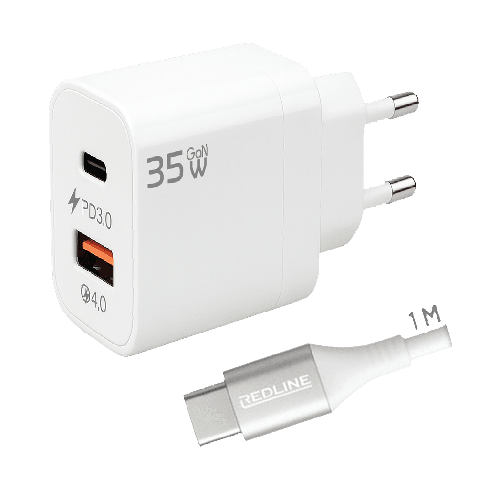 Redline Punjač sa USB-C kablom GL-35-AC+CC-1M(60W),  1 x USB-A, 1 x USB-C, 35W, Bijeli