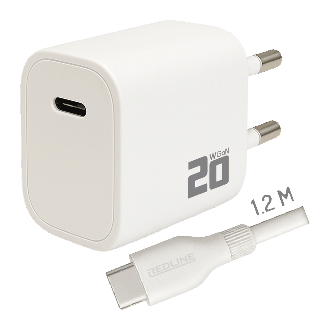 Redline Punjač sa USB-C to USB-C kablom PD202C+CC1.2M, Brzi, 20W, Bijeli