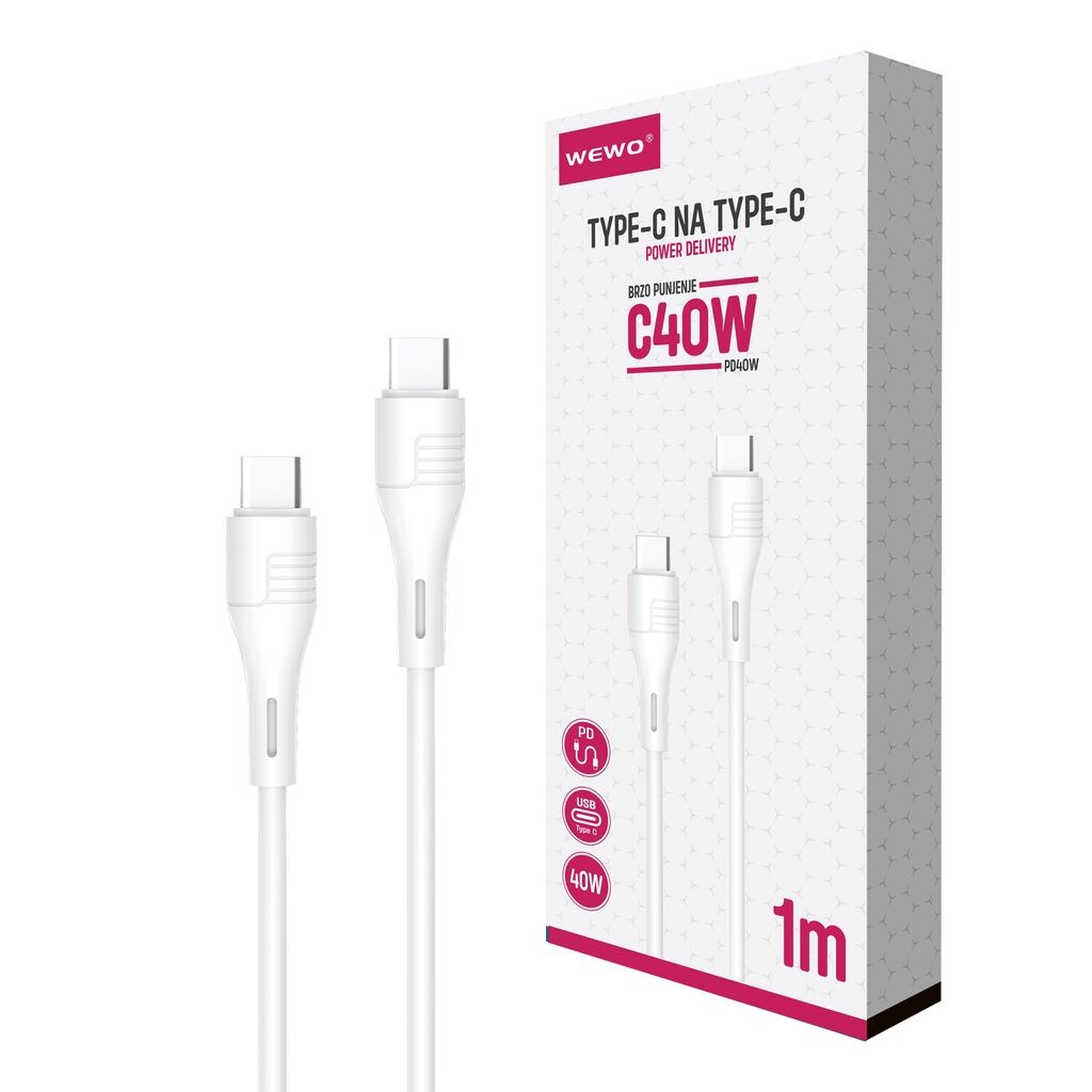 Wewo Data Kabel Type-C na Type-C, 40W, 1m, Bijeli