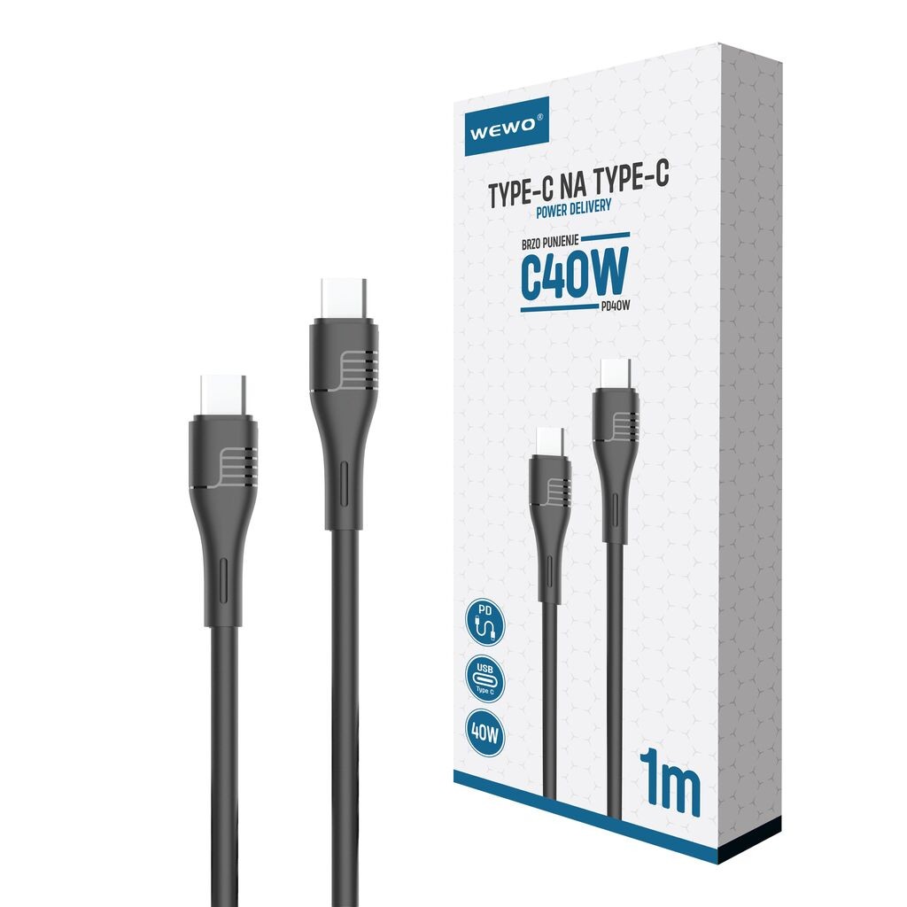 Wewo Data Kabel Type-C na Type-C, 40W, 1m, Crni