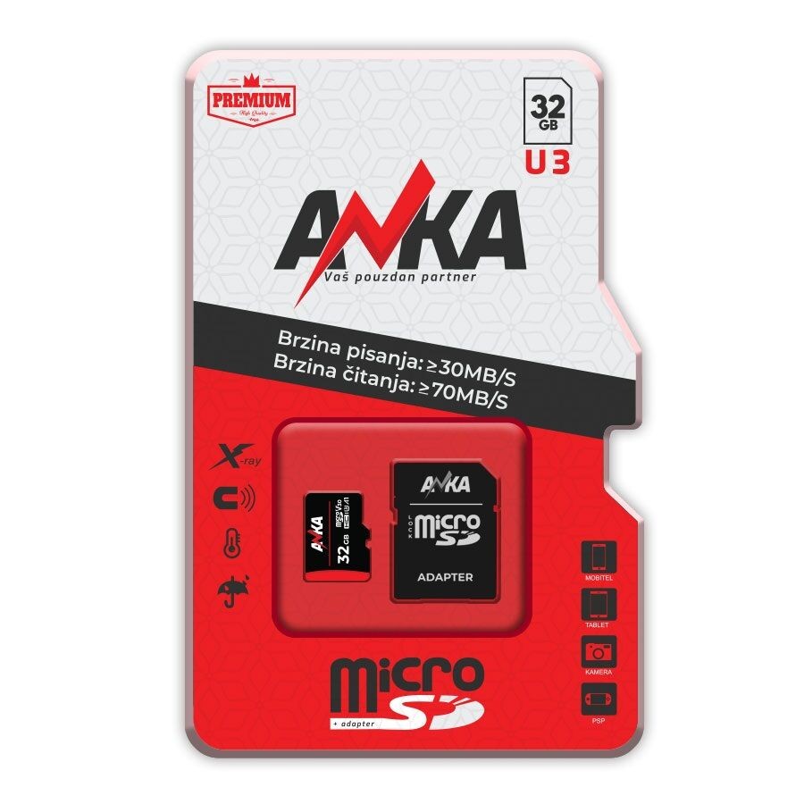 An-ka Micro SD kartica U3 WS30MB/s RS70MB/s, 32GB